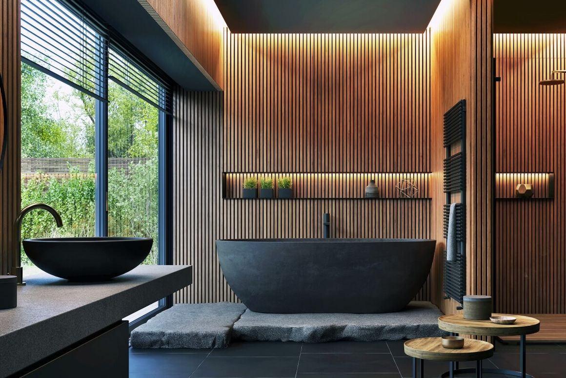 Modernes Badezimmer mit Holz und Badewanne